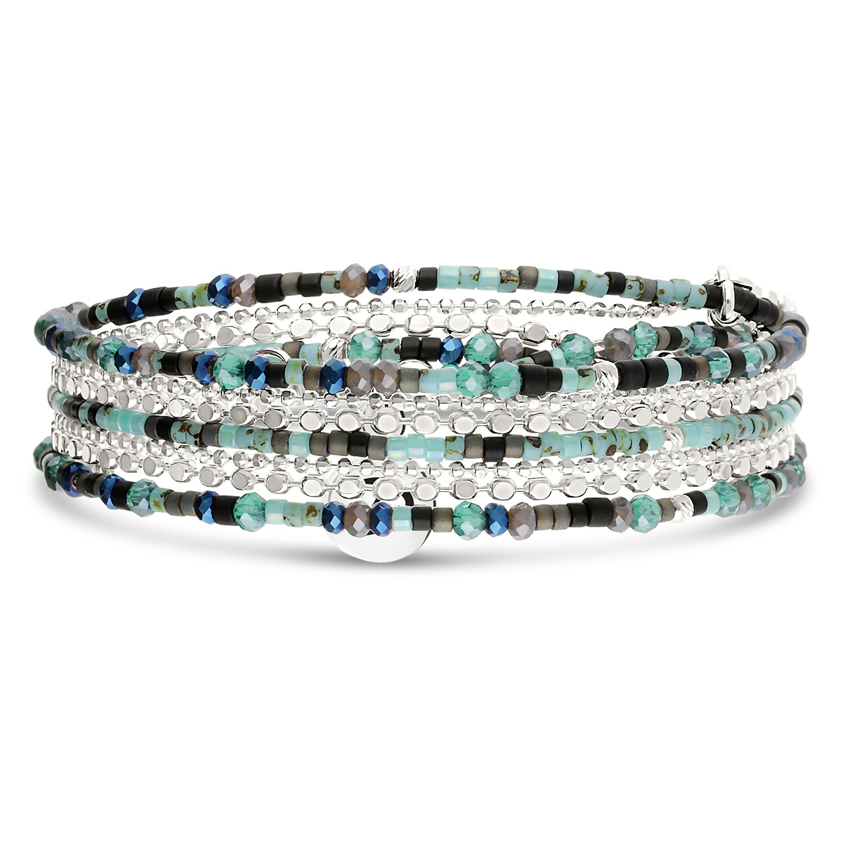 Bracelet Élastique 3 Tours Argent 925 Noir Turquoise avec Chaînes