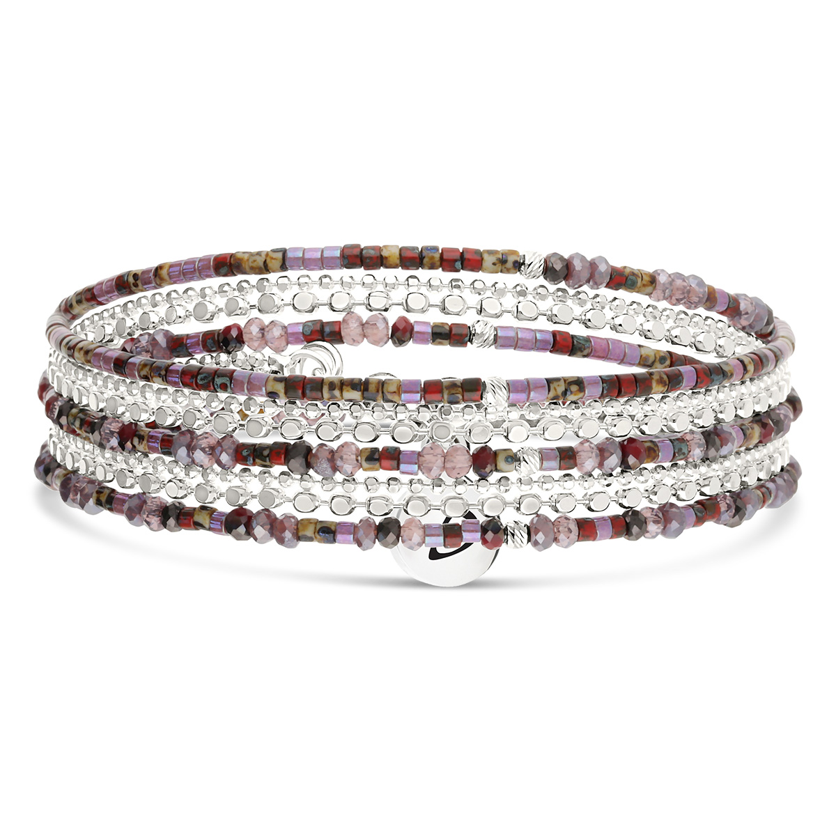 Bracelet Élastique 3 Tours Argent 925 Violet Prune avec Chaînes