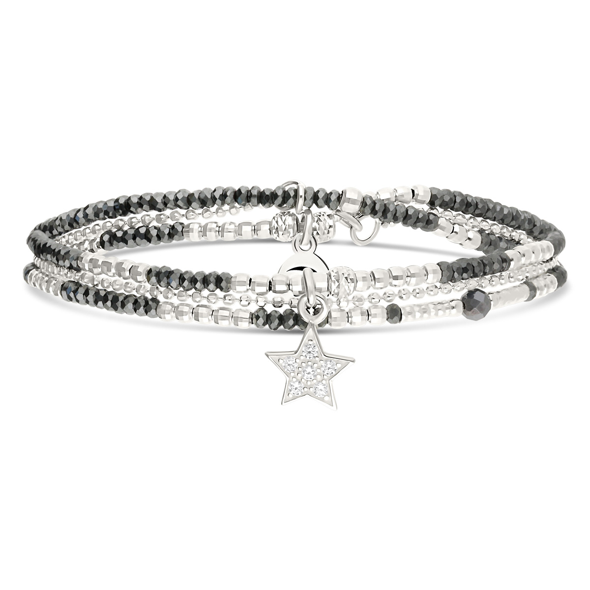 Bracelet Élastique 2 Tours Argent 925 Et Chaîne Hématite Orné D Une Étoile Pavée D Oxydes De Zirconium