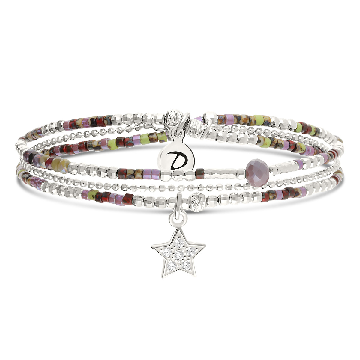 Bracelet Élastique 2 Tours Argent 925 Et Chaîne Violet Kaki Orné D Une Étoile Pavée D Oxydes De Zirconium