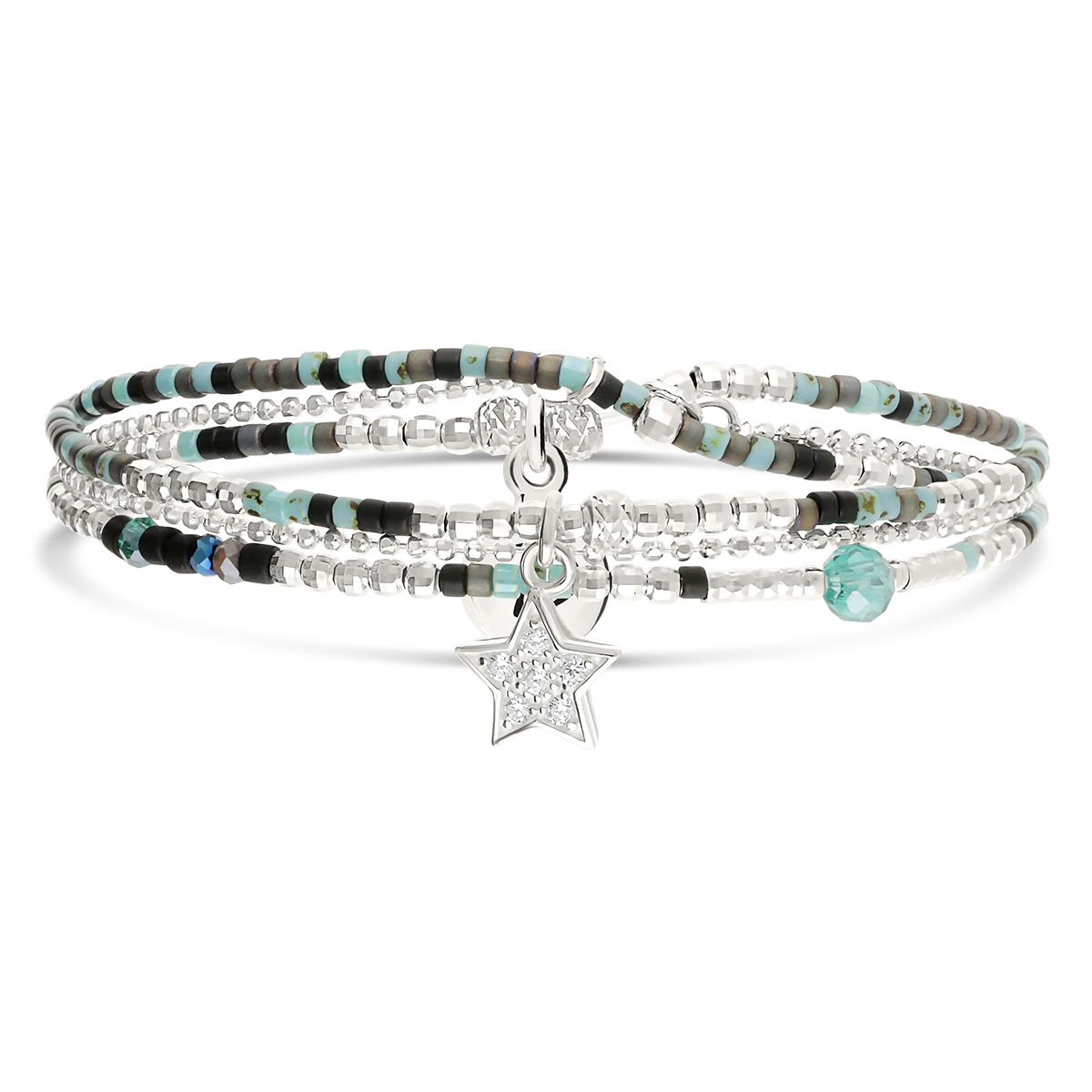 Bracelet Élastique 2 Tours Argent 925 Et Chaîne Noir Turquoise Orné D Une Étoile Pavée D Oxydes De Zirconium