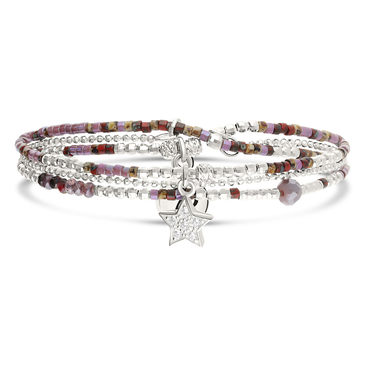 Bracelet Élastique 2 Tours Argent 925 Et Chaîne Violet Prune Orné D Une Étoile Pavée D Oxydes De Zirconium