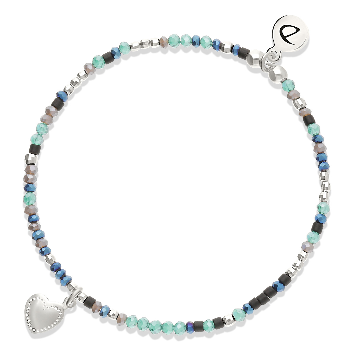 Bracelet Élastique Argent 925 Noir Turquoise Petit Coeur Penché Gravable
