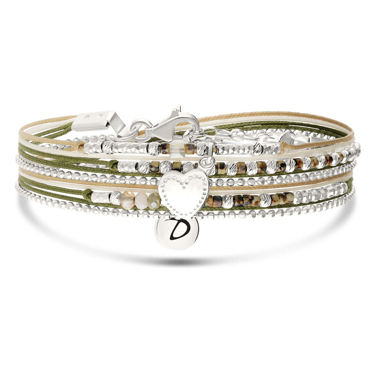 Bracelet 2 Tours Argent 925 Beige Léopard Coeur D\' Amour Gravable
