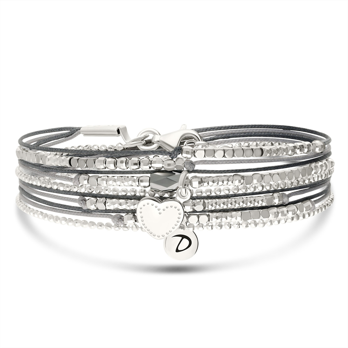 Bracelet 2 Tours Argent 925 Gris Hématite Coeur D\' Amour Gravable