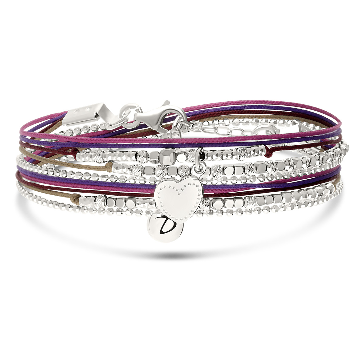 Bracelet 2 Tours Argent 925 Violet Prune Hématite Coeur D\' Amour Gravable
