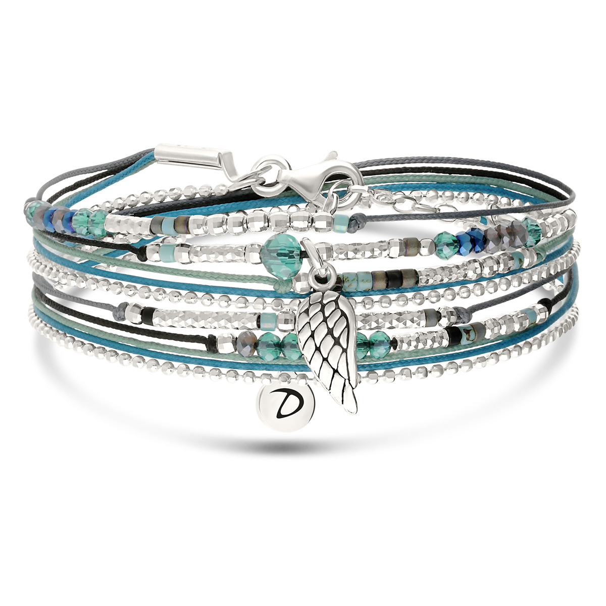 Bracelet 2 Tours Argent 925 Noir Turquoise Aile Rebelle