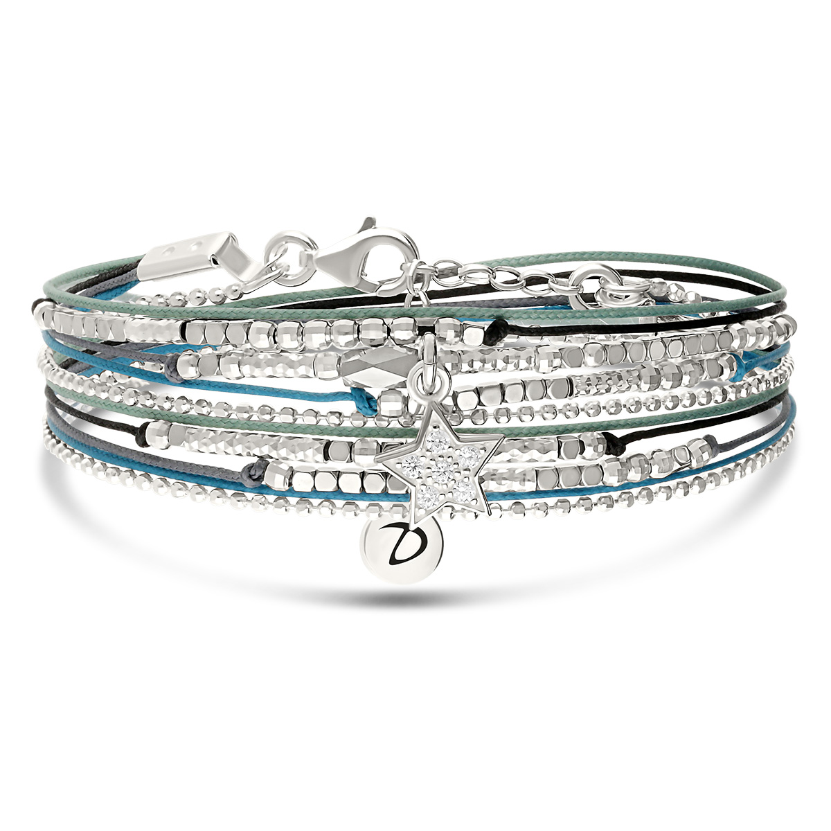 Bracelet 2 Tours Argent 925 Noir Turquoise Hématite Étoile Pavée D Oxydes De Zirconium