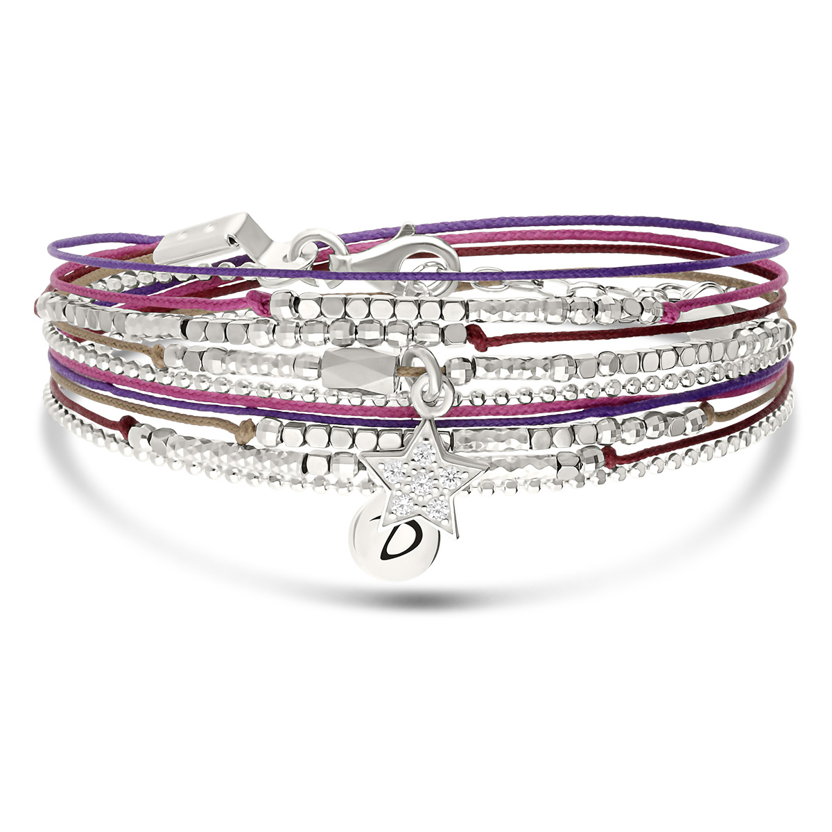 Bracelet 2 Tours Argent 925 Violet Prune Hématite Étoile Pavée D Oxydes De Zirconium