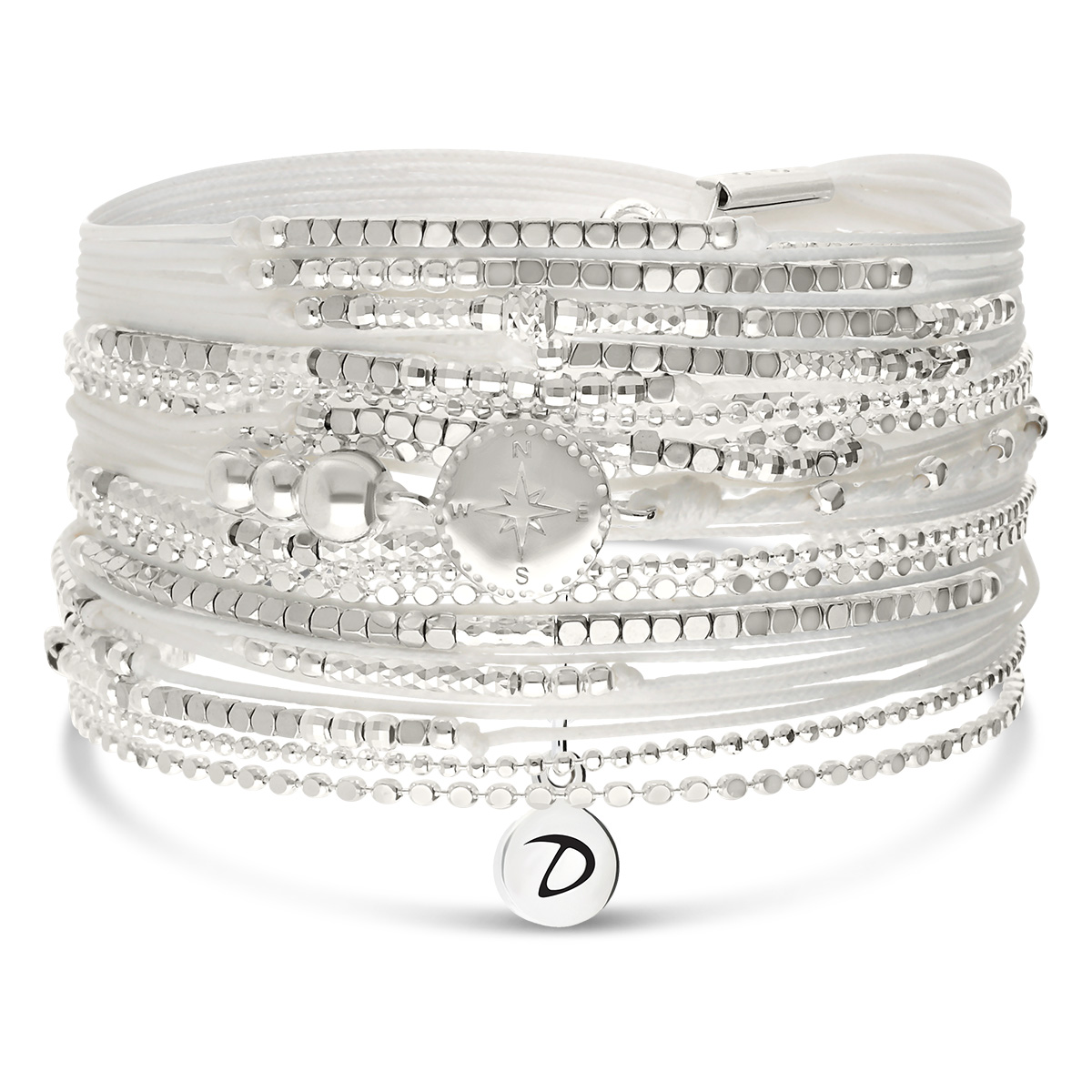 Bracelet 3 Tours Argent 925 Blanc Hématite Rose des Vents avec Chaînes