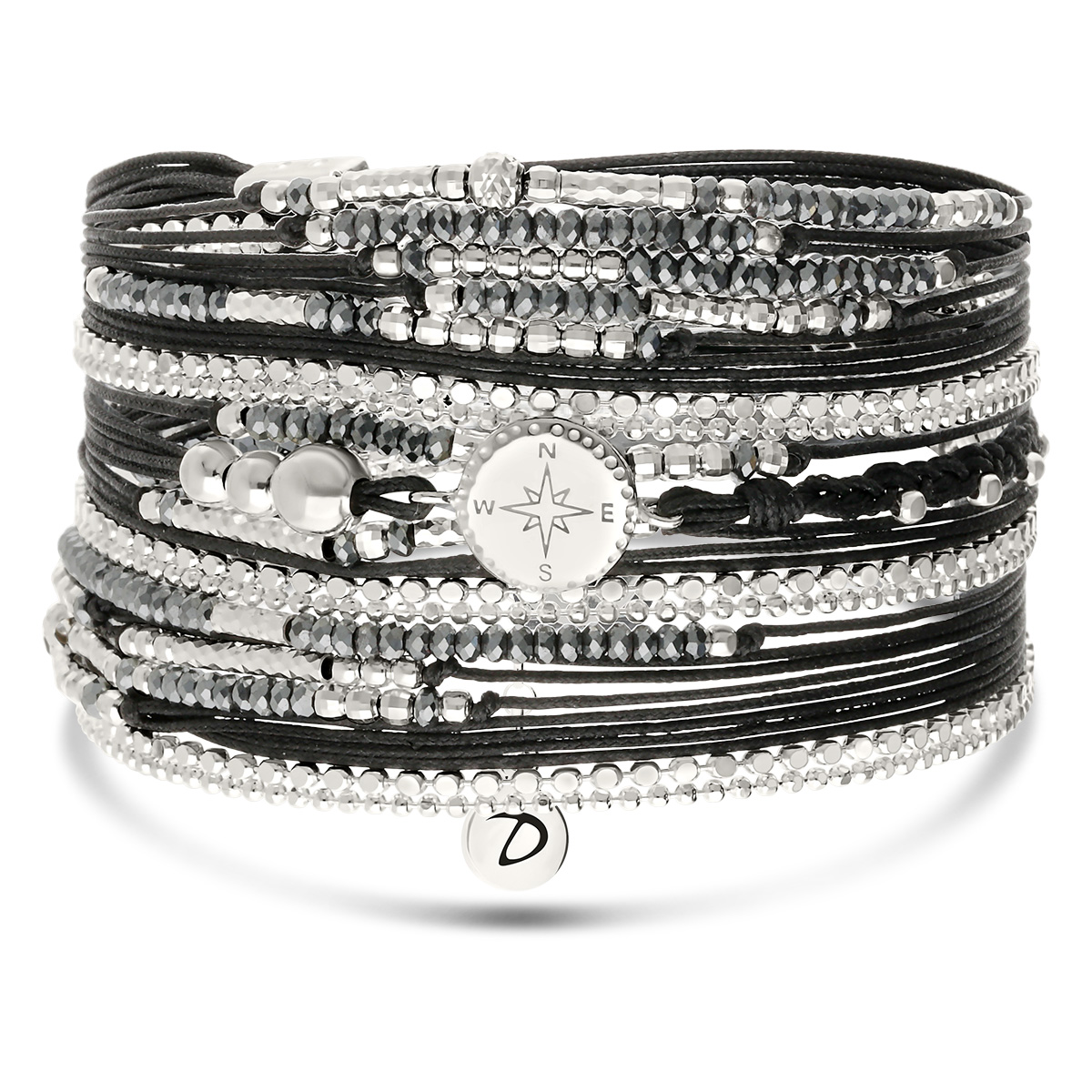 Bracelet 3 Tours Argent 925 Noir Rose des Vents avec Chaînes