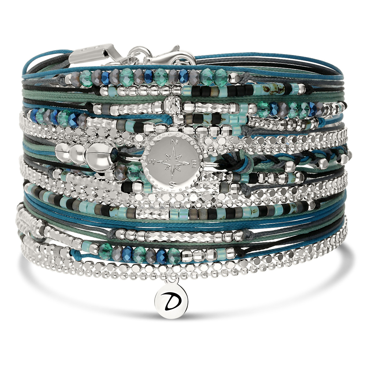 Bracelet 3 Tours Argent 925 Noir Turquoise Rose des Vents avec Chaînes