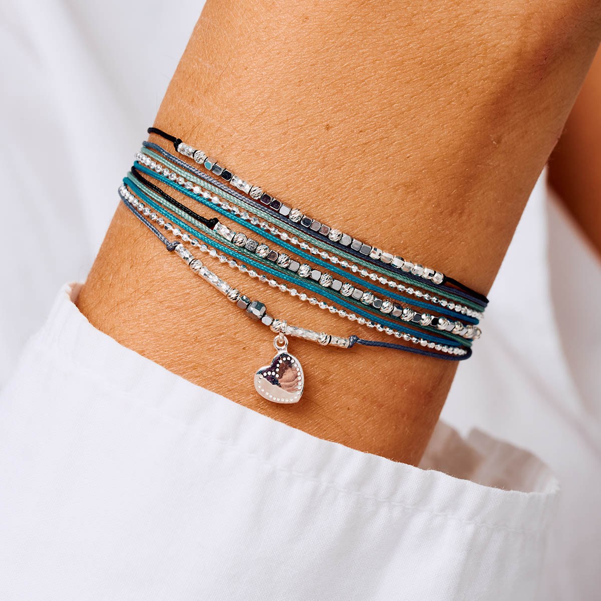 Bracelet 2 Tours Argent 925 Noir Turquoise Hématite Coeur D\' Amour Gravable
