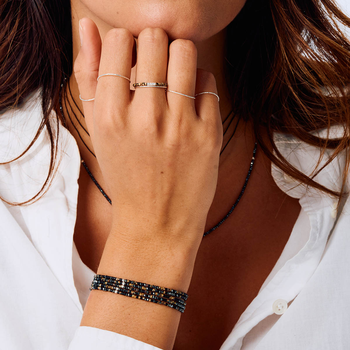 Bracelet Élastique 5 Tours Argent 925 Noir Hématite Léopard Le Mix