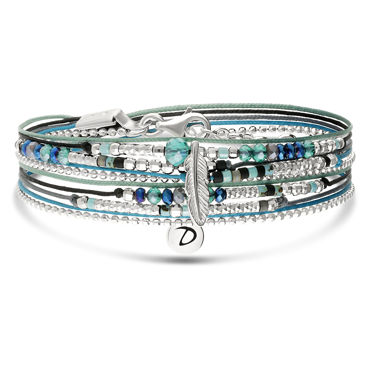 Bracelet 2 Tours Argent 925 Noir Turquoise Plume Evora