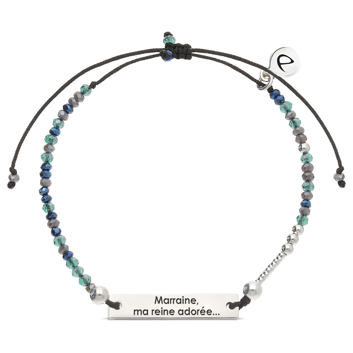 Bracelet Argent 925 Message Marraine Ma Reine adorée... Cordon Noir Perles Noir Turquoise