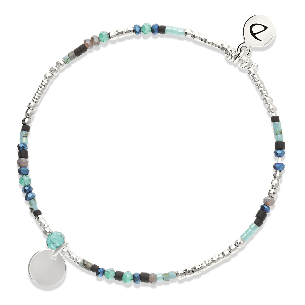 Bracelet Élastique Argent 925 Noir Turquoise Perle Verte Pastille Gravable