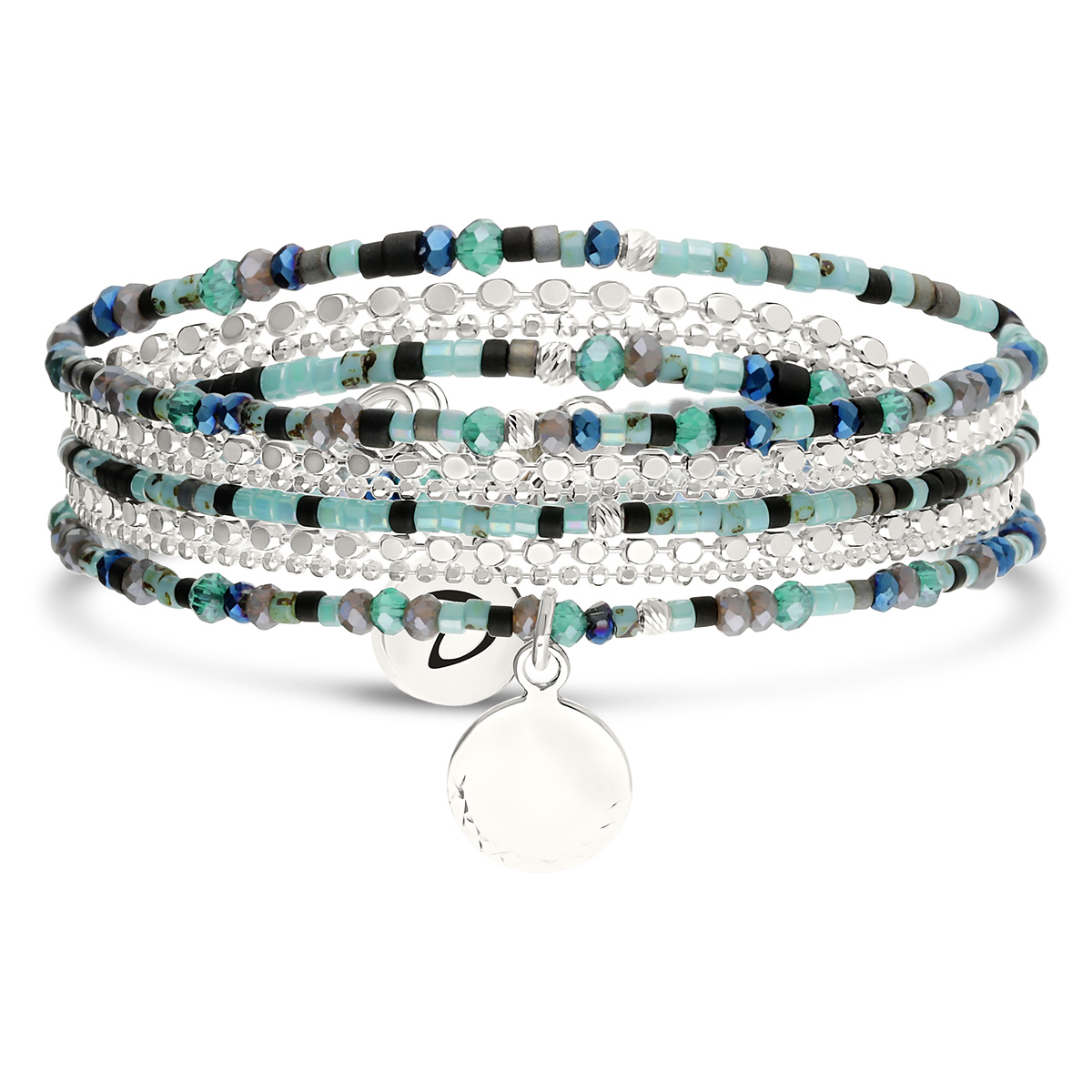 Bracelet Élastique 3 Tours Argent 925 Noir Turquoise Pastille Gravable avec Chaînes