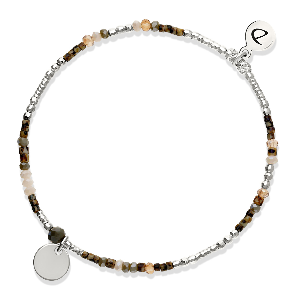 Bracelet Élastique Argent 925 Beige Léopard Perle Marron Pastille Gravable