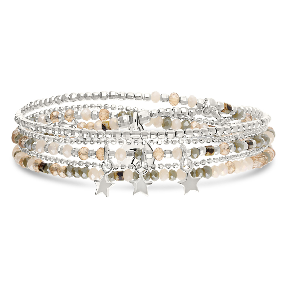 Bracelet Élastique 3 Tours Argent 925 Beige Léopard Étoiles Vagabondes