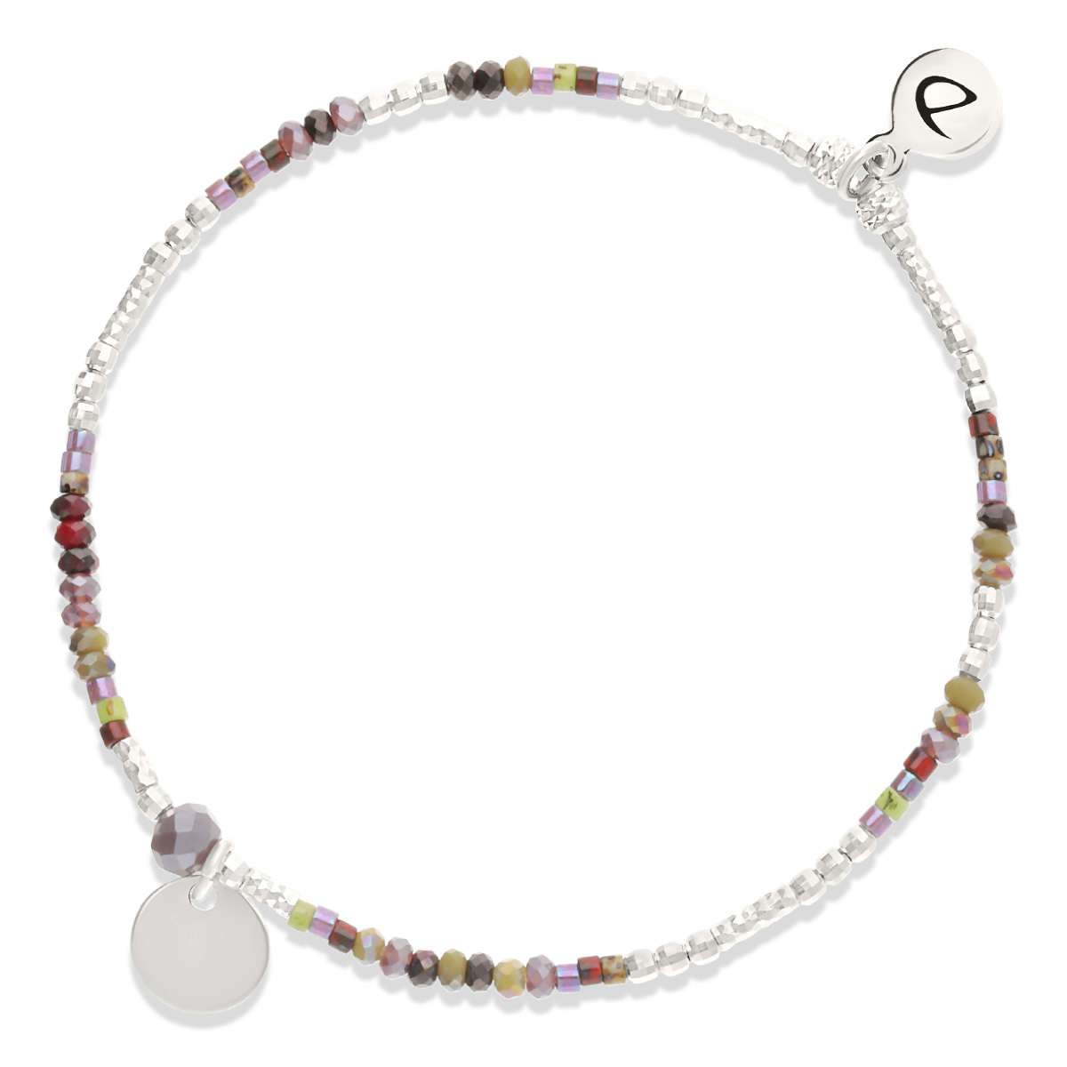 Bracelet Élastique Argent 925 Violet Kaki Perle Violette Pastille Gravable