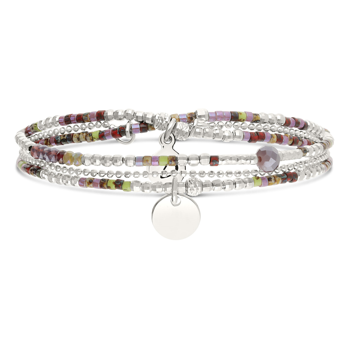 Bracelet Élastique 2 Tours Argent 925 Violet Kaki Perle Violette Pastille Gravable