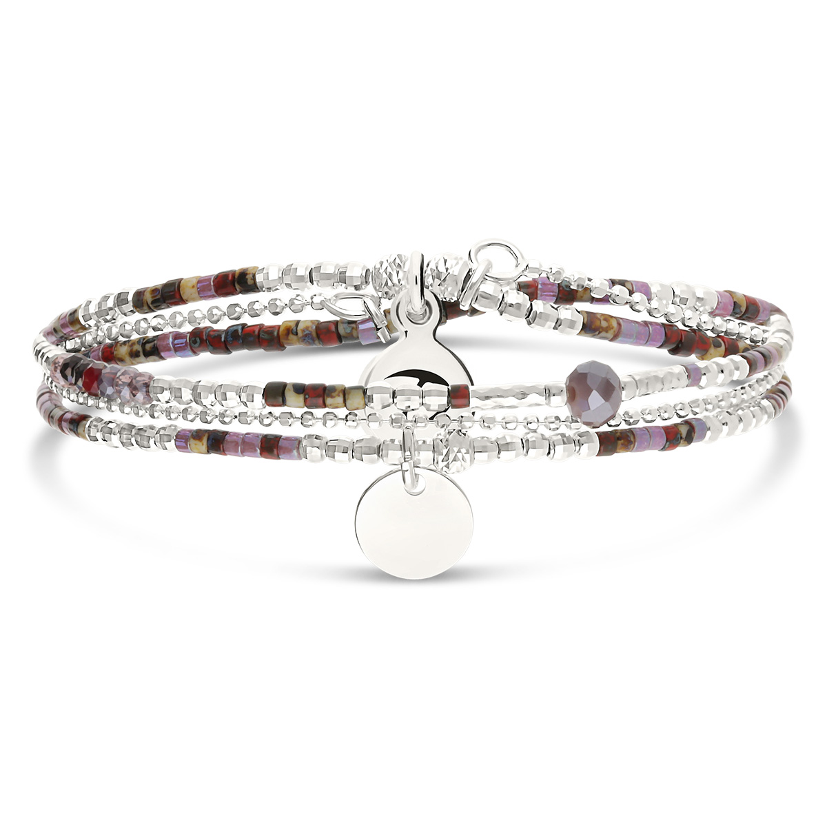 Bracelet Élastique 2 Tours Argent 925 Violet Prune Perle Violette Pastille Gravable