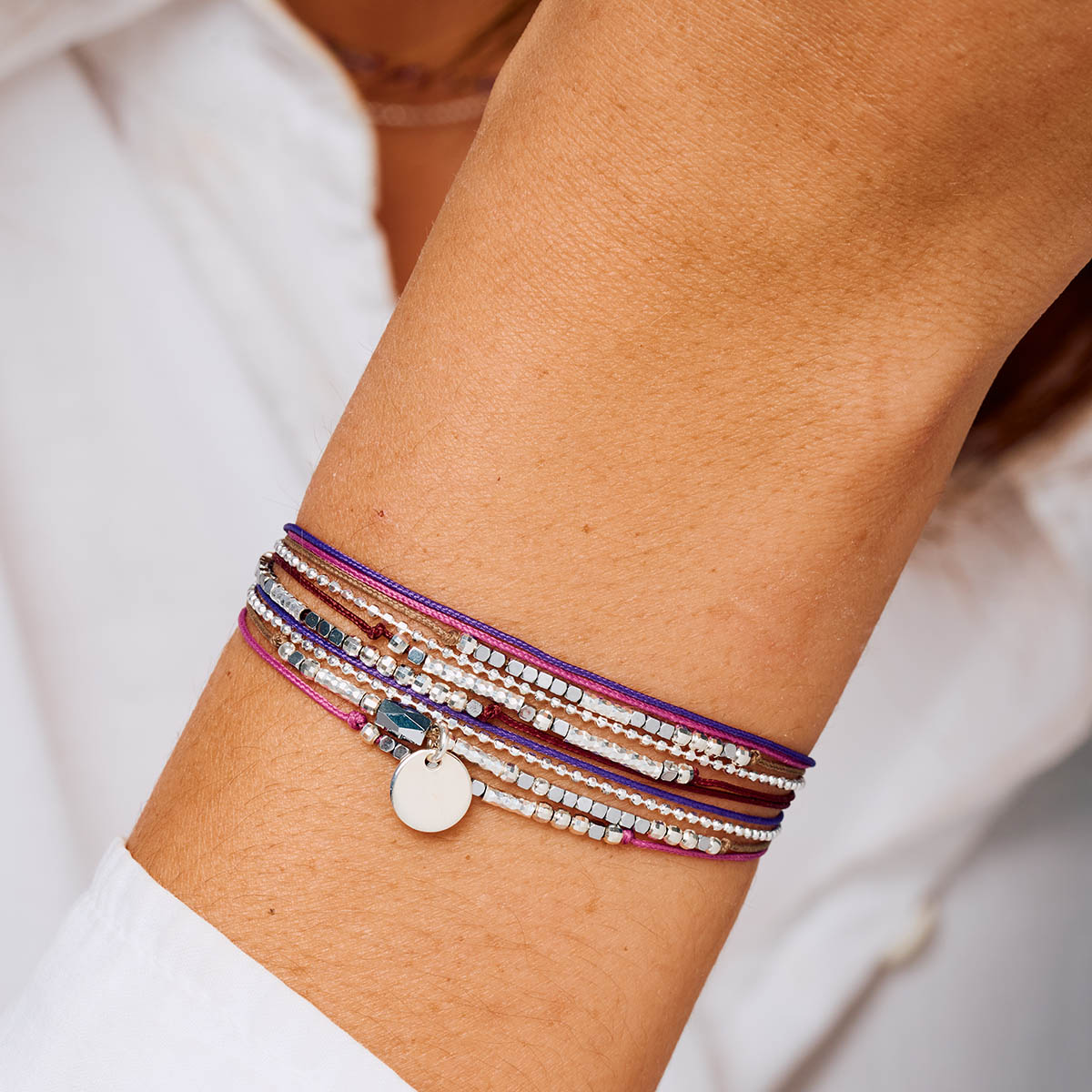 Bracelet 2 Tours Argent 925 Violet Prune Hématite Atlanta Pastille Gravable