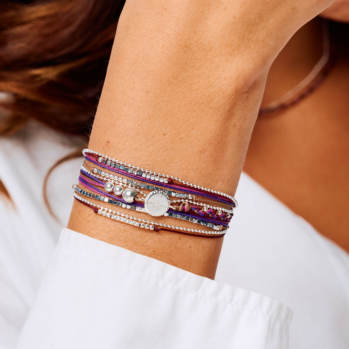 Bracelet 3 Tours Argent 925 Violet Prune Hématite Rose Des Vents