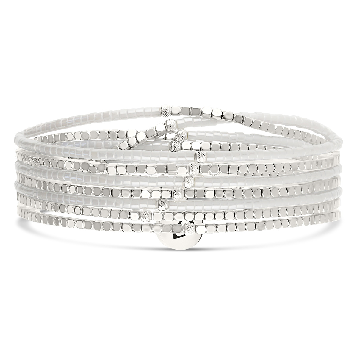 Bracelet Élastique 7 Tours Argent 925 Miyuki Blanc Irisé Hématite