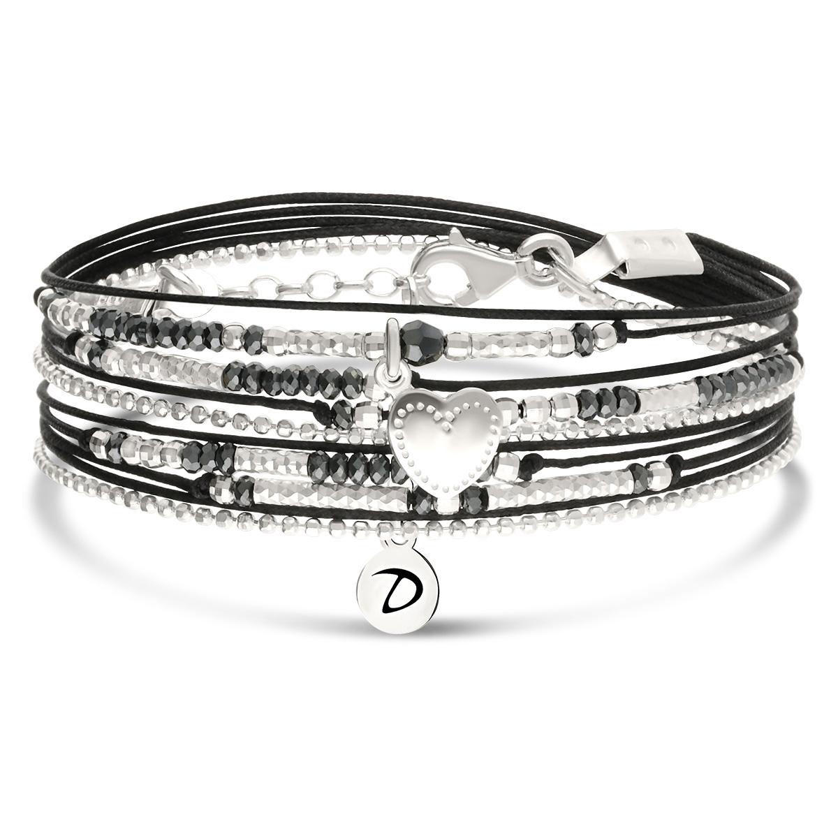 Bracelet 2 Tours Argent 925 Noir Coeur D\' Amour Gravable