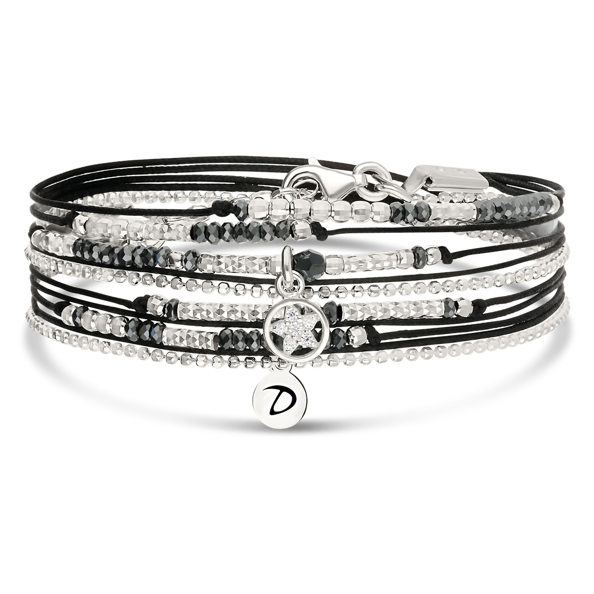 Bracelet 2 Tours Argent 925 Noir Cercle Étoilé