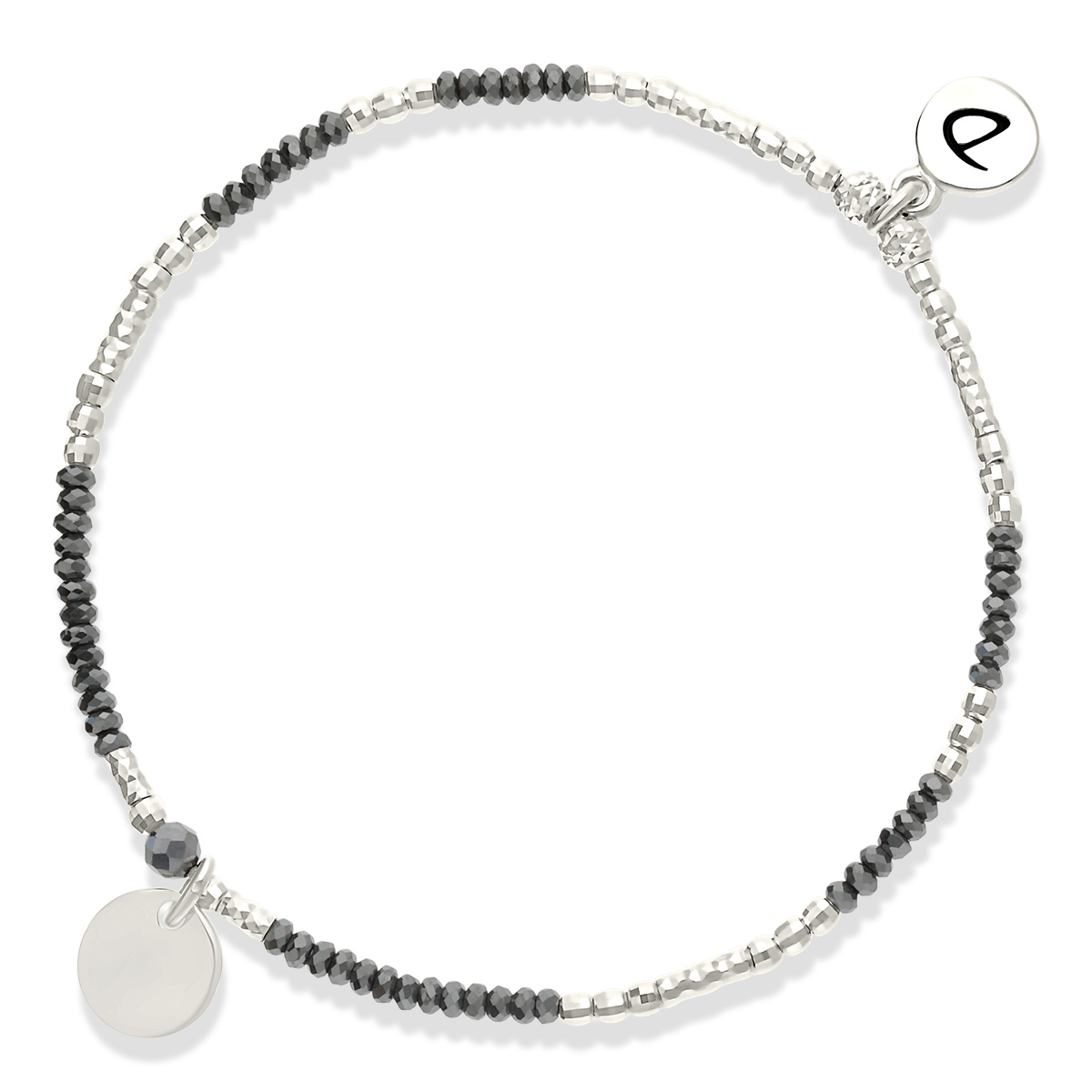 Bracelet Élastique Argent 925 Hématite Perle Grise Pastille Gravable