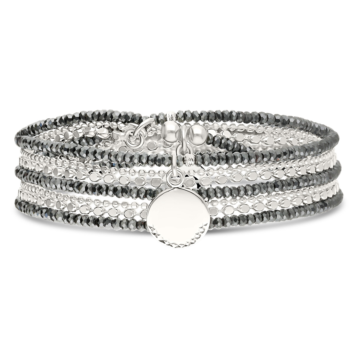 Bracelet Élastique 3 Tours Argent 925 Hématite Pastille Gravable avec Chaînes