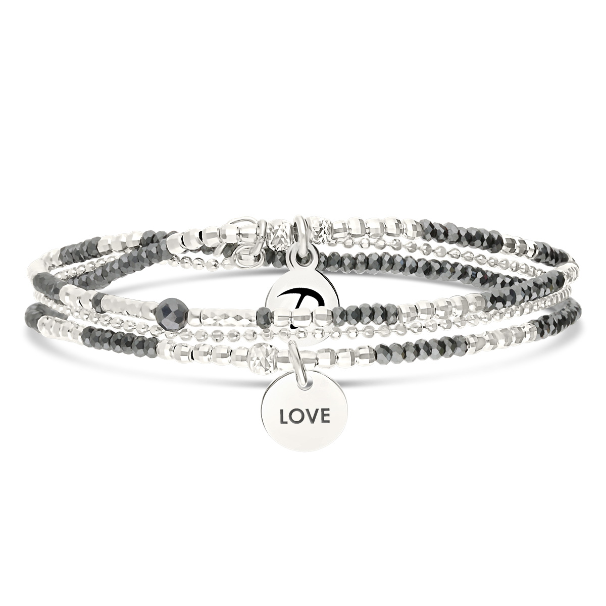 Bracelet Élastique 2 Tours Argent 925 Hématite Pastille Love