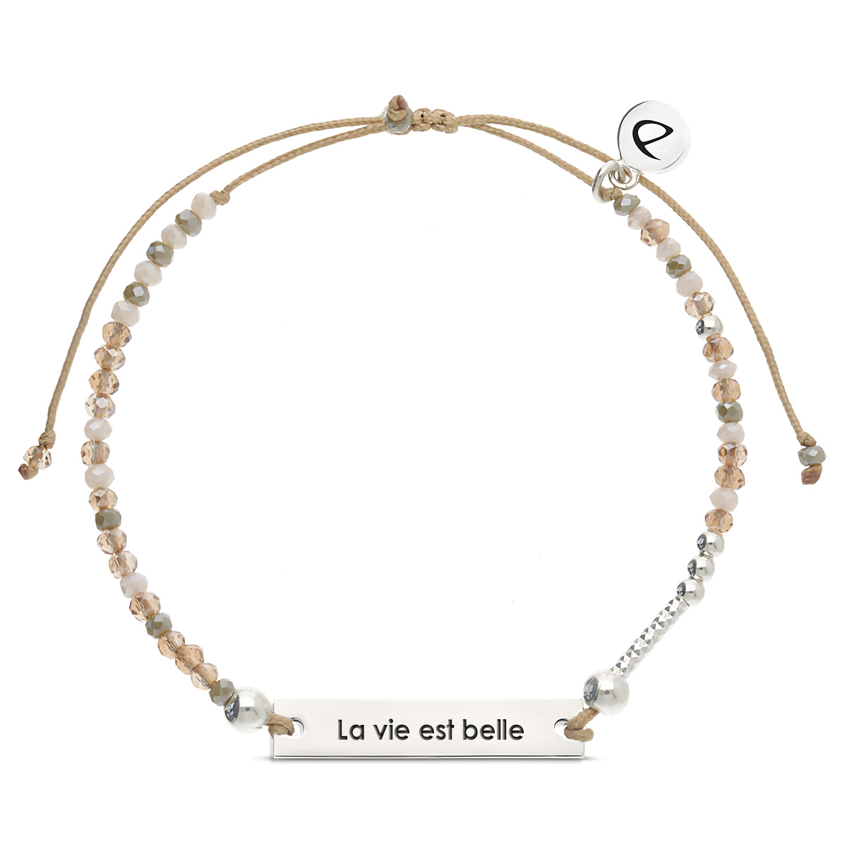 Bracelet Argent 925 Message La vie est belle! Cordon Beige Perles Beige Nude