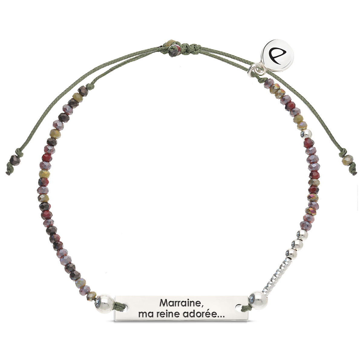 Bracelet Argent 925 Message Marraine Ma Reine adorée... Cordon Kaki Perles Violet Kaki