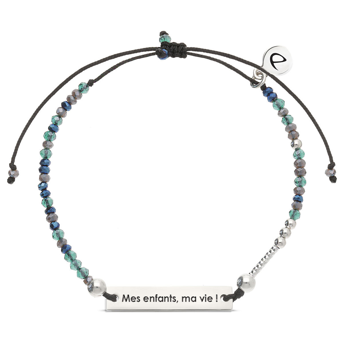 Bracelet Argent 925 Message Mes enfants, ma vie! Cordon Noir Perles Noir Turquoise