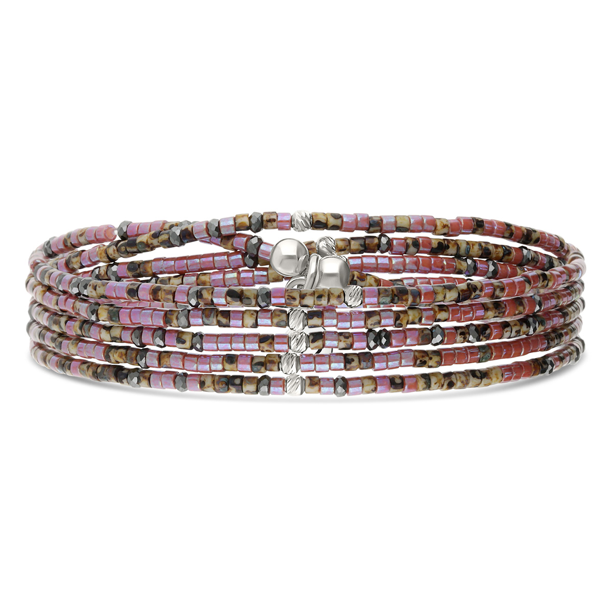 Bracelet Élastique 5 Tours Argent 925 Violet Hématite Léopard Le Mix