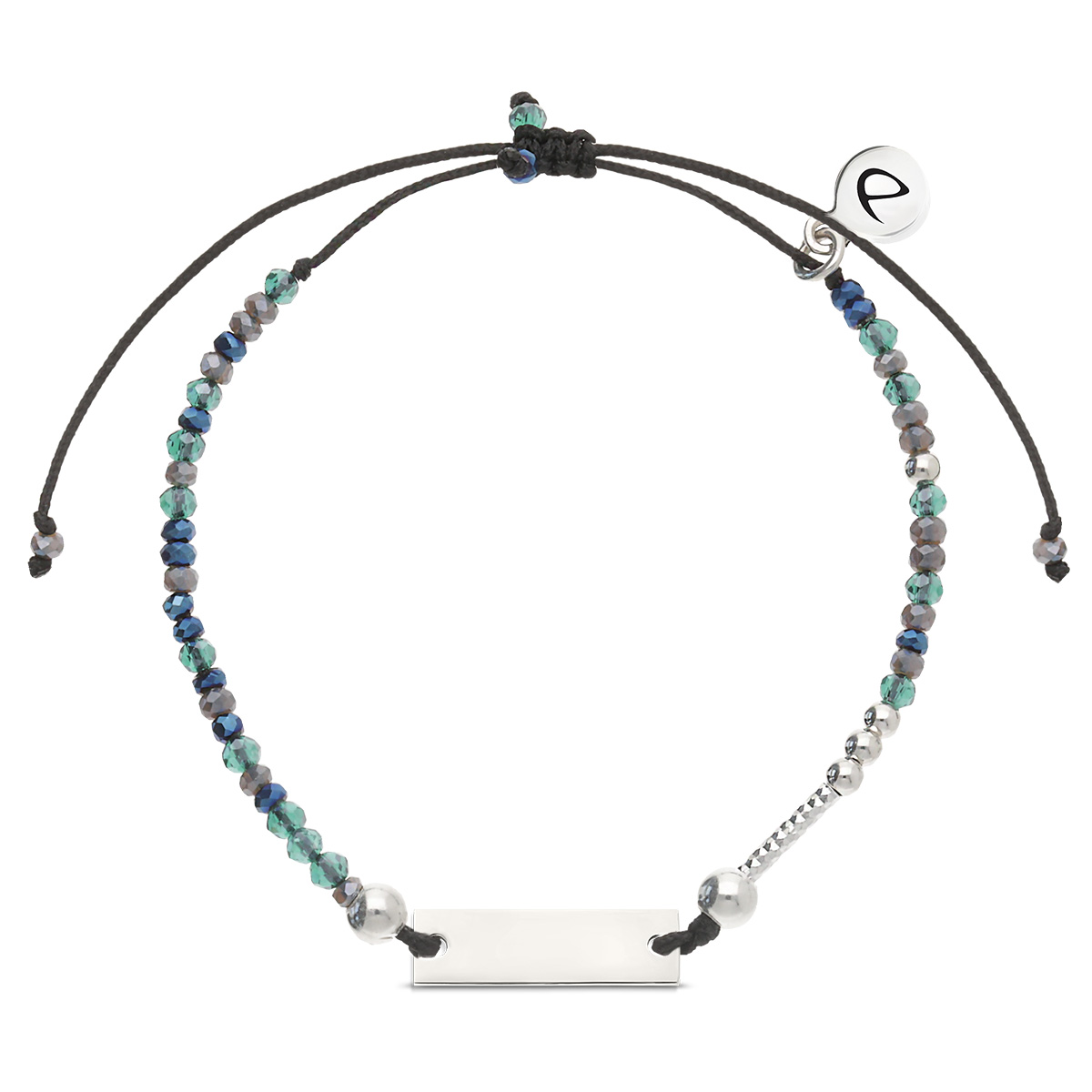 Bracelet Argent 925 Plaque à graver Cordon Noir Perles Noir Turquoise