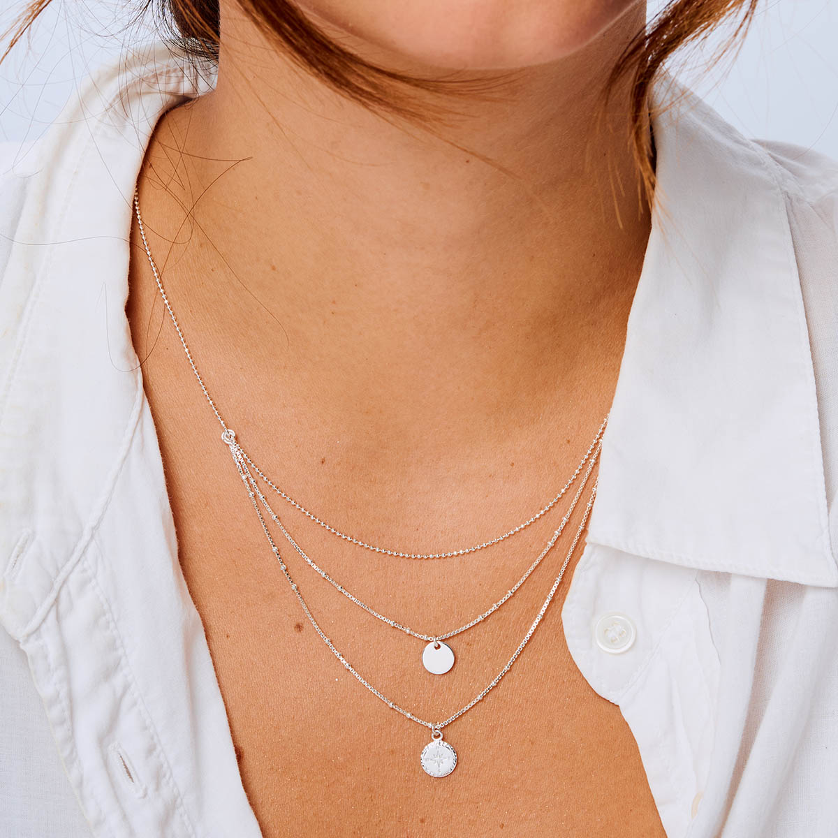 COLLIER TRIPLE RANGS PASTILLE ET ROSE DES VENTS Argent 925 Gravable
