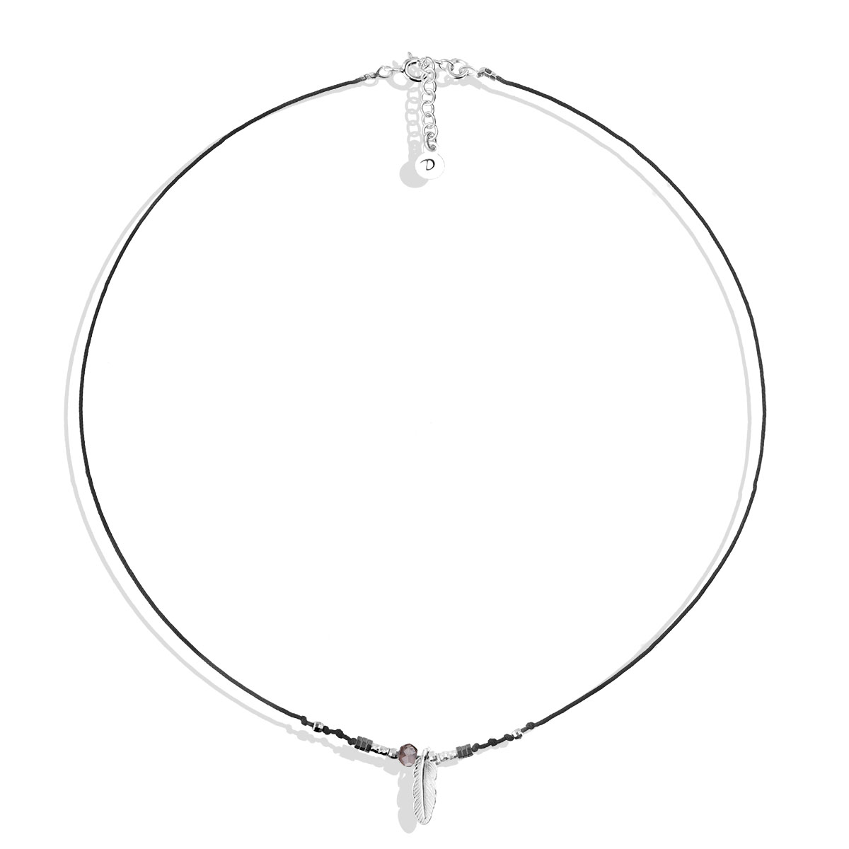 COLLIER PLUME CORDON NOIR PERLE VIOLETTE EVORA