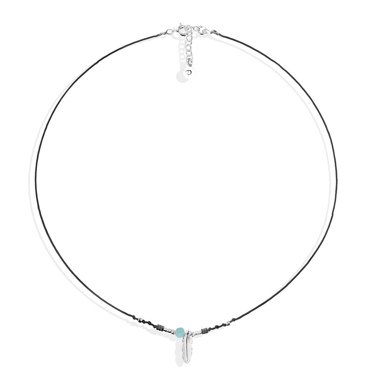 COLLIER PLUME CORDON NOIR PERLE VERTE EVORA