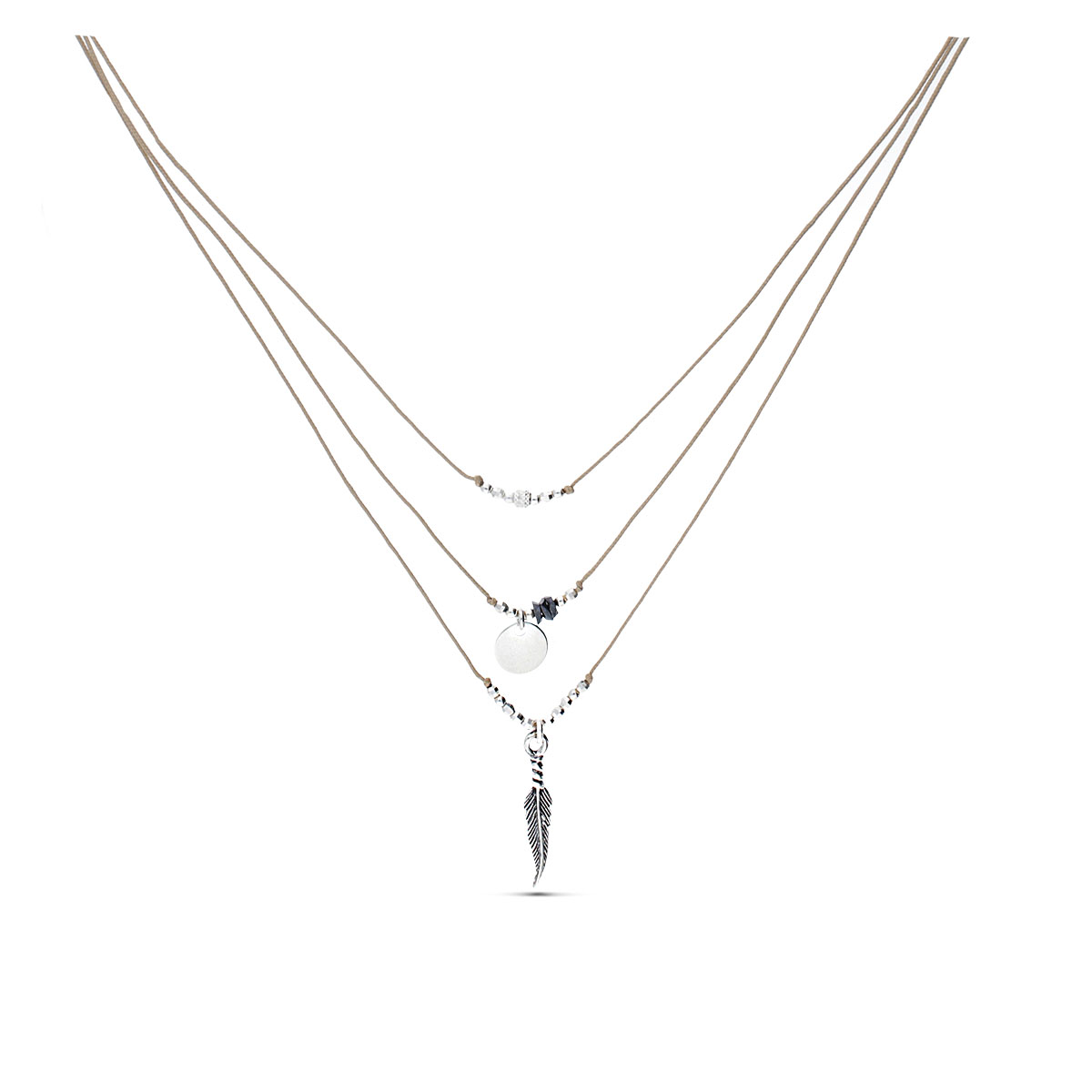 COLLIER TRIPLE RANGS BEIGE PLUME PASTILLE Argent 925