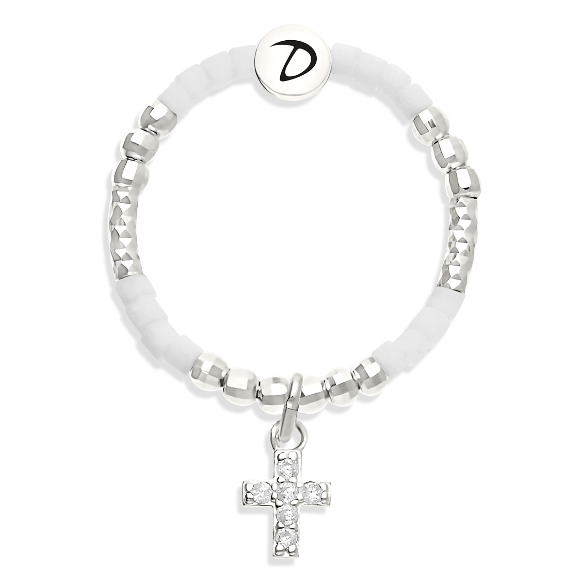 Bague Élastique Argent 925 Ivoire Croix Oxyde De Zirconium