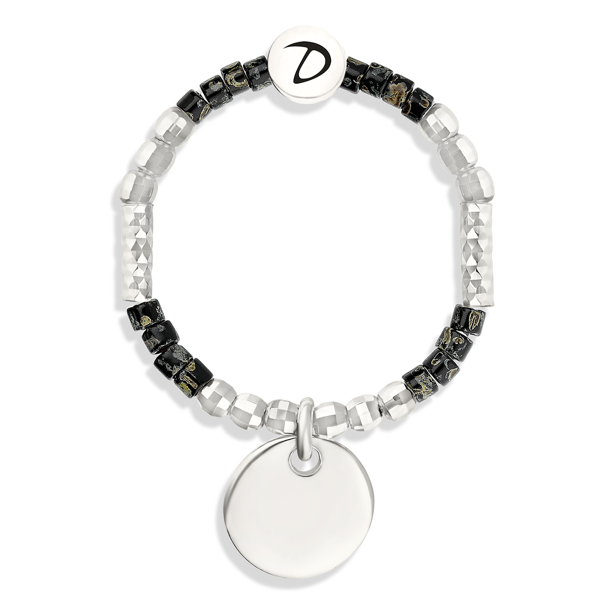 BAGUE ÉLASTIQUE PASTILLE PERLES NOIRES TACHETÉES Argent 925 Gravable