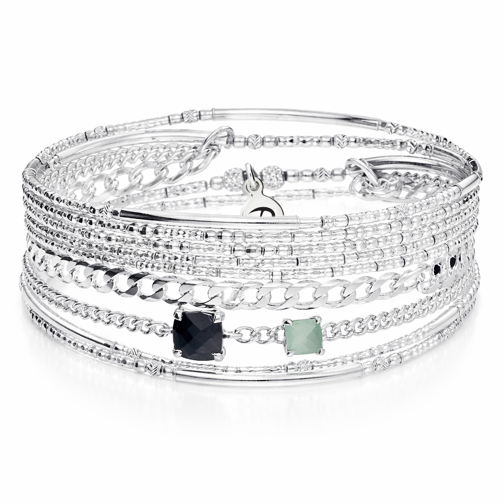 BRACELET ÉLASTIQUE SEPT RANGS GOURMETTE - ONYX ET AVENTURINE