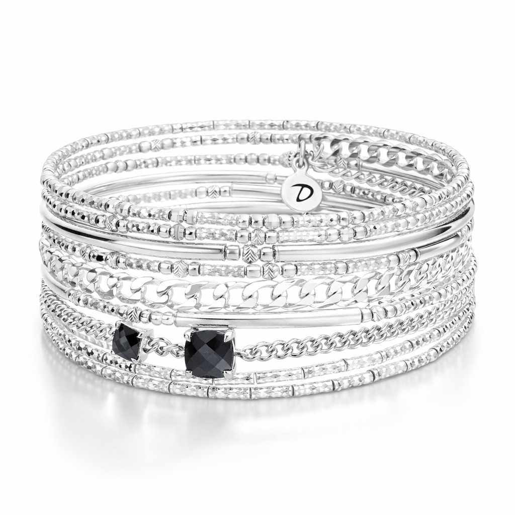 BRACELET ÉLASTIQUE SEPT RANGS GOURMETTE ET DOUBLE ONYX