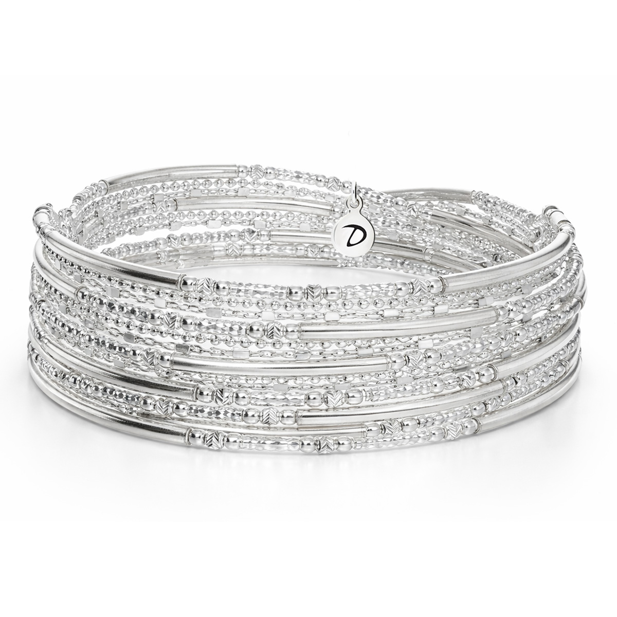 BRACELET ÉLASTIQUE DOUBLE CHAÎNE-TUBES LISSES ET DIAMANTES 7 TOURS