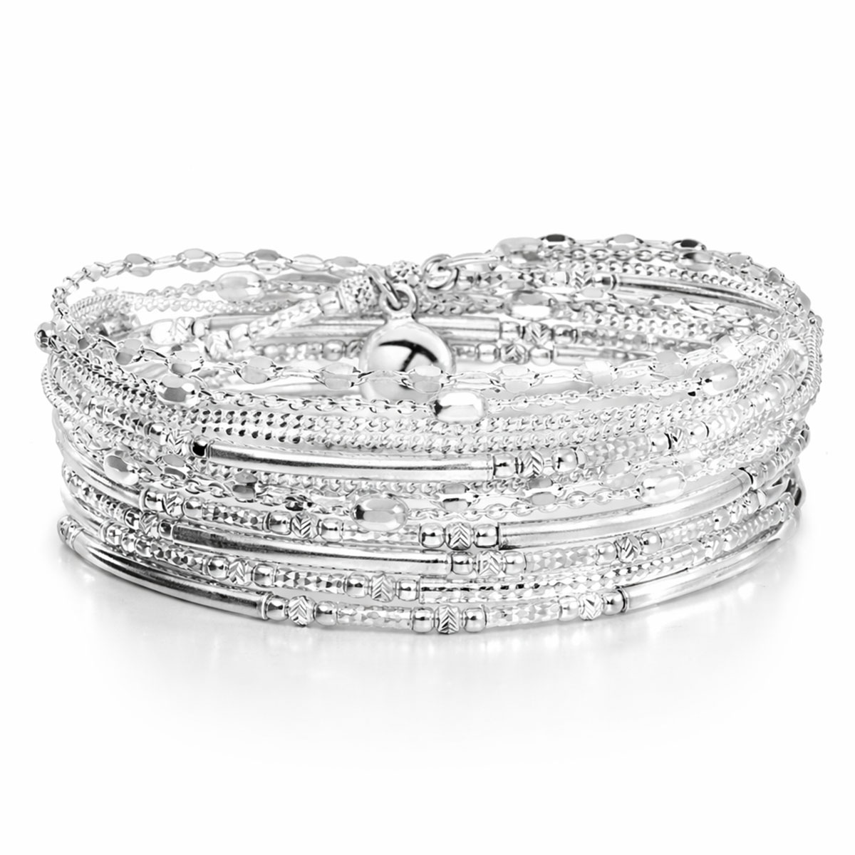 BRACELET ÉLASTIQUE  5 TOURS TRIPLE CHAÎNE -TUBES LISSES ET DIAMANTES